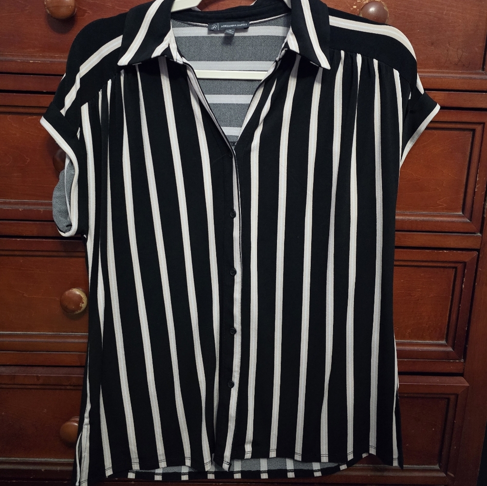 Adrianna Papell Black and White Striped Button Down Shirt
